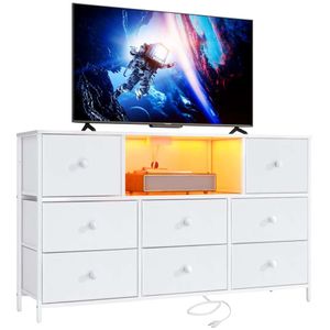 LYNCOHOME White Power Outlets and LED Lights, Dresser TV Stand 8 Drawers, Fabric Chest of Drawers with PU Finish for Bedroom, Living Room, Entryway