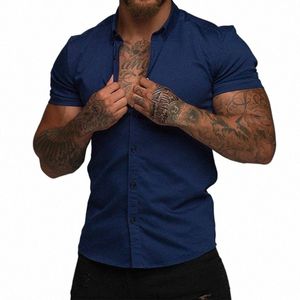 Muscle Men Fitn Sports Leisure Elastic Shirt Solid Lapel Butt Busin Streetwear Fi Trend Summer New Short Sleeve Top Q5UA#
