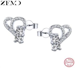 Stud ZEMO Real Silver 925 Sterling podwójnie serca kolczyki z CZ dla kobiet Shinning Crystal Girls039 Ear Jewelry5685076