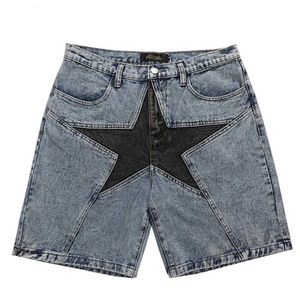 شورت الرجال شورت الشارع Harajuku Shorts 2023 New Mens Patch العمل الزائد الهيب هوب الجينز الأزرق الصيف سراويل فضفاضة J240325