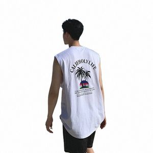 Baskı Yelek Erkekler Yaz Günlük Plaj Tank Top Kore Fi Sleevel Filler Erkek Gevşek Fanila 100% Pamuklu Tees Hip Hop Üstleri 44v3#