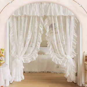 Curtains French Elegant White Embroidery Ruffle Tulle Curtains with Valance For Girls Bedroom Living Room Sheer Drapes Rideaux Voilage