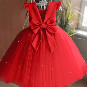 Baby Red Christmas Dresses For Girls Beading Backless Wedding Birthday Ceremony Gala Dress Cute Princess Party Evening Gown 240318