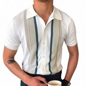 Roupas de verão masculinas de luxo de malha manga curta polo camisa retro lapela butt-down patchwork fi busin lazer malhas 85Br #