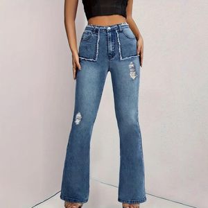 Calças de brim femininas senhoras namorado alta ascensão perna larga casual streetwear bolsos calças jeans para mulheres calças rasgadas ropa mujer