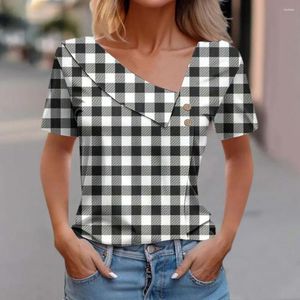 Blusas femininas mulheres top regular fit camisa elegante xadrez impressão skew colarinho camiseta para solto manga curta pulôver com verão