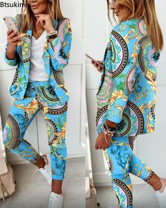 Womens Two Piece Pant Suit Set Outfits Spring Autumn Wid Down Print Blazer Coat Drawstring Pants Women Casual Set 240319