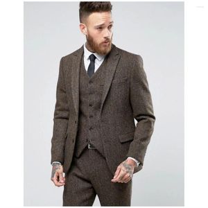 Herrdräkter senaste kappa byxor design varumärke bruna tweed kostym män set smal fit anpassad bröllop blazer tuxedo 3 st (jackväst)