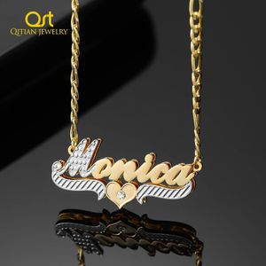 Qitian personalizado placa dupla dois tons coração nome colar personalizado nome de cristal colar de aço inoxidável charme jóias feminino 240311