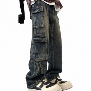 men's Patchwork Blue Cargo Jeans Unisex Straight Casual Trousers Men Muti-pockets Hip Hop Streetwear 90s Vintage Fi Pants q1hG#