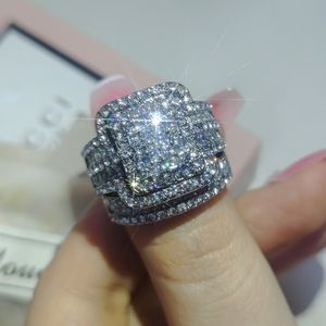 Anéis de casamento charme feminino cristal branco pedra anel conjunto para mulheres vintage nupcial quadrado noivado atacado