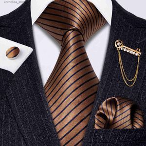 Neck Ties Neck Ties Fahsion Brown Striped Men Tie Brooch Set 100% Silk Tie for Men Necktie Handkerchief Cufflinks Set Neck Tie Fashion Adult Y240325