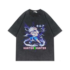 Washed Old Short Sleeved T-shirt Full Time Hunter Anime Oversize American High Street Half Sleeves