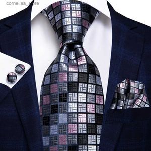 Cravatte Cravatte Hi-Tie Designer Grigio Plaid Novità Cravatta da sposa in seta per uomo Handky Gemello Regalo Cravatta da uomo Moda Business Party Dropshiping Y240325