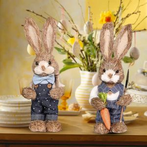 Easter Bunny Decoration Pretty with Clothing Cattail Grass Easter Festival Tabletop Rabbit Ornament Easter Favors 240318