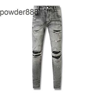 American Style High Street Smoky Grey Estruerad Patchwork Leather Live Streaming Internet Celebrity Jeans