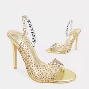 Summer High Heels Sandaler Modes strass transparenta höga klackar stilett sandaler damer pekade fest silver bröllopskor guld icke-halk sandaler.