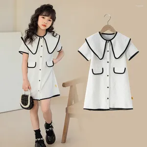 Girl Dresses Korean Summer Junior One-piece Dress Teenager Lapel A-line School Single-breasted Elegant Kid