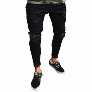 Fi Jeans skinny strappati da uomo Pantaloni slim fit sfilacciati in denim con cerniera Nuovo design Slim Pantaloni neri hip-hop dritti j4Ex #