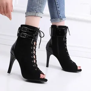 Танцевальная обувь 2024, черные замшевые женские ботинки для латинской сальсы с лазерной сальсой, женские ботинки на шнуровке, женская бальная обувь