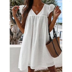 Casual Dresses Summer Qutfits Lace Hollowed Out Dress V-Neck Loose Fashion Boho Holiday Beach Sundress