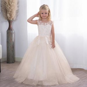 Luz champanhe flor menina vestido de renda tule glitter criança festa de casamento princesa vestido de baile comunhão robe princesse fille 240309