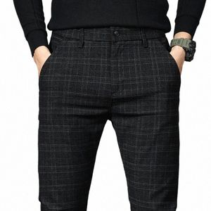 black Pants Men's Plaid Trousers Spring and Autumn New Fi Slim Pants Men Gray Stripe Slacks 28-38 Pantales Hombre O7av#