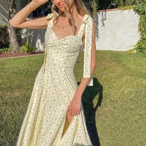 Lässige Kleider Verschlüsselter Blumendruck Cottagecore Ärmelloses Schultergurtkleid Party Sexy Open Back Elegant Split Frauen 2024 Sommer