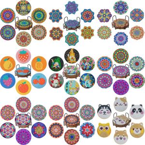 Stitch 6Pcs Goblin Mandala DIY Diamond Painting Coaster Rhinestones Embroidery Coaster Cup Cushion with Rack Table Placemat Cup Mat Pad