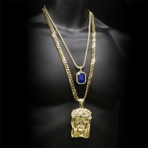 Hip Hop Golden Crowned Jesus Head Pendant Iced Out Square Gem Crystal Necklace Set Cuban Chain 3B48