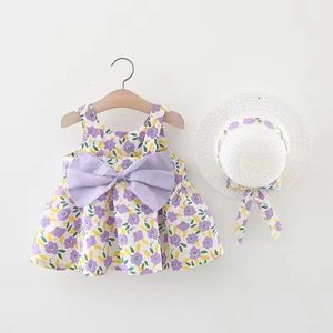 Verão meninas princesa festa de aniversário vestido de volta arco floral sundress com chapéu 2 peças ternos nascidos criança trajes 024m 240325