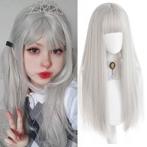 Peruklar hoan uzun düz saç sentetik peruk gümüş beyaz siyah patlama peruk cosplay lolita peruk ısı dirençli parti peruk