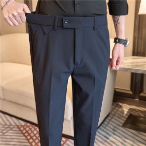 28-40 Solid Color Business Suit Pants Men Slim Fit Elastic midja Casual Office Social Pants Wedding Groom Trousers Spring