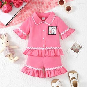 Kläder sätter baby flicka påskpyjama set lapel hals kort ärmknapp ner toppar elastisk midja frill trim shorts spädbarn småbarn sömnkläder