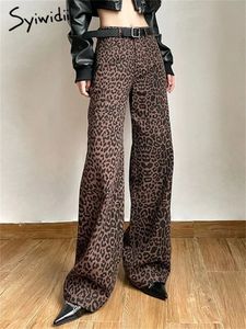 Syiwidii ​​Leopard Print Pant 2024 عالية الخصر فضفاض مستقيم بني Y2K سراويل خمر الشارع سراويل أزياء كورية 240309