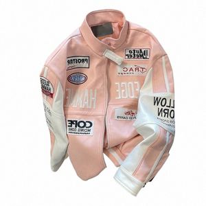 pink Motorcycle Leather Jacket Unisex High Street Hip Hop Letter Embroidery Women Bomber Jacket American Baseball Uniform K4xH#