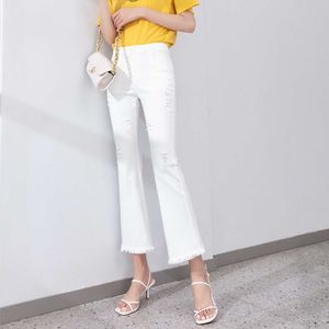 Womens pants New Korean version of white jeans for spring and summer. Womens slim fit and slim appearance with a 7/4 ruffled edge elastic and slightly flared womens pants