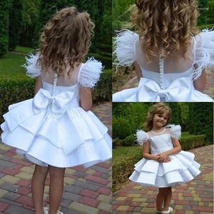 Sukienki dla dziewczynki biały elegancki kwiat kolanowy na ślub pióra perły dziecięce suknie urodzinowe