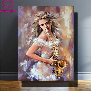 Craft Diamond Painting Full Square round Drill woman play Saxophone photo Custom Embroidery Sale Mosaic Rhinestone Musical instrument