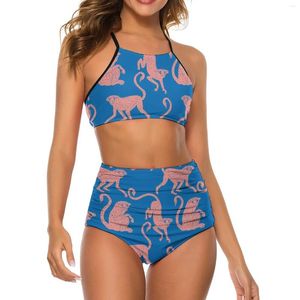 Kadın Mayo Maymun Baskı Bikini Mayo Pembe Hayvan Yüksek Bel Bikinis Seti Kadınlar 2 Parça Tasarım Kadınsı Sörf Plaj Giyim