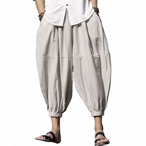 Kinesisk stil sommarstång linne baggy haren byxor män vintage överdimensionerade blommor plus storlek joggar tai chi kung fu sweatpants o6zp#