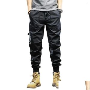 Mens Pants Solid Color Men Elastic Waist Cargo With Dstring Mtiple Pockets Zipper For Daily Drop Delivery Apparel Clothing Otqz5