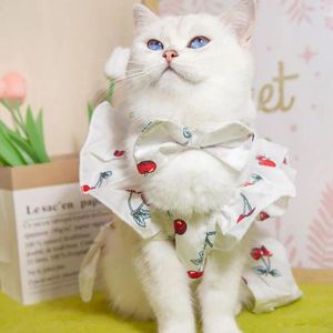 Dog Apparel Sleeves Pet Outfit Stylish Cherry Print Dress With Headgear For Cats Dogs Summer Breathable Vest Small Furry