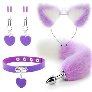 Anal Sex Toys Fox Tail Butt Plug Sexig Plush Cat Ear Headband med Bells Necklace Set Massage Sex Toys For Women Couples Cosplay 240325