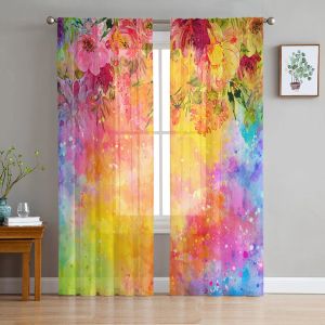 Shutters Youth Bedroom Sheer Curtains Watercolor Flowers Colorful Kitchen Study Hanging Curtains Living Room Holiday Decor Tulle Curtains