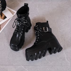 Botas de alta qualidade de couro gótico botas pretas mulheres salto sexy cadeia grossa plataforma de salto boots feminino estilo tornozelo de estilo punk zíper
