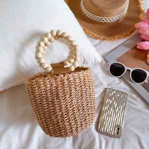 Storage Bags Leisure Seaside Beach Bag Handmade Grass Woven Bucket Beaded Handheld Organizer Round Drawstring Travel