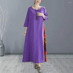 Vestidos casuais mulheres primavera verão vestido retro cor combinando impresso botão decoração em torno do pescoço a linha solta hem três quartos mangas macias