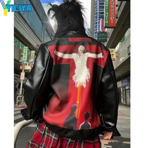 Кожаная бейсбольная куртка Yiciya черный красный утолщающий женские женские бомбардировщики корейская модная зимние куртки наряды Гот одежда 240319