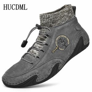 Botas hucdml outono de inverno masculino botas de neve de alta qualidade de camurça de vaca masculino de pelúcia de pelúcia quente